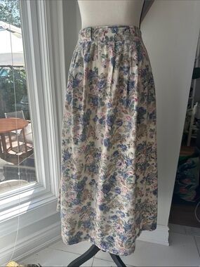 VINTAGE 80s 90s Cottagecore Floral Cream Midi Skirt Blue Pink Pleated Size Small